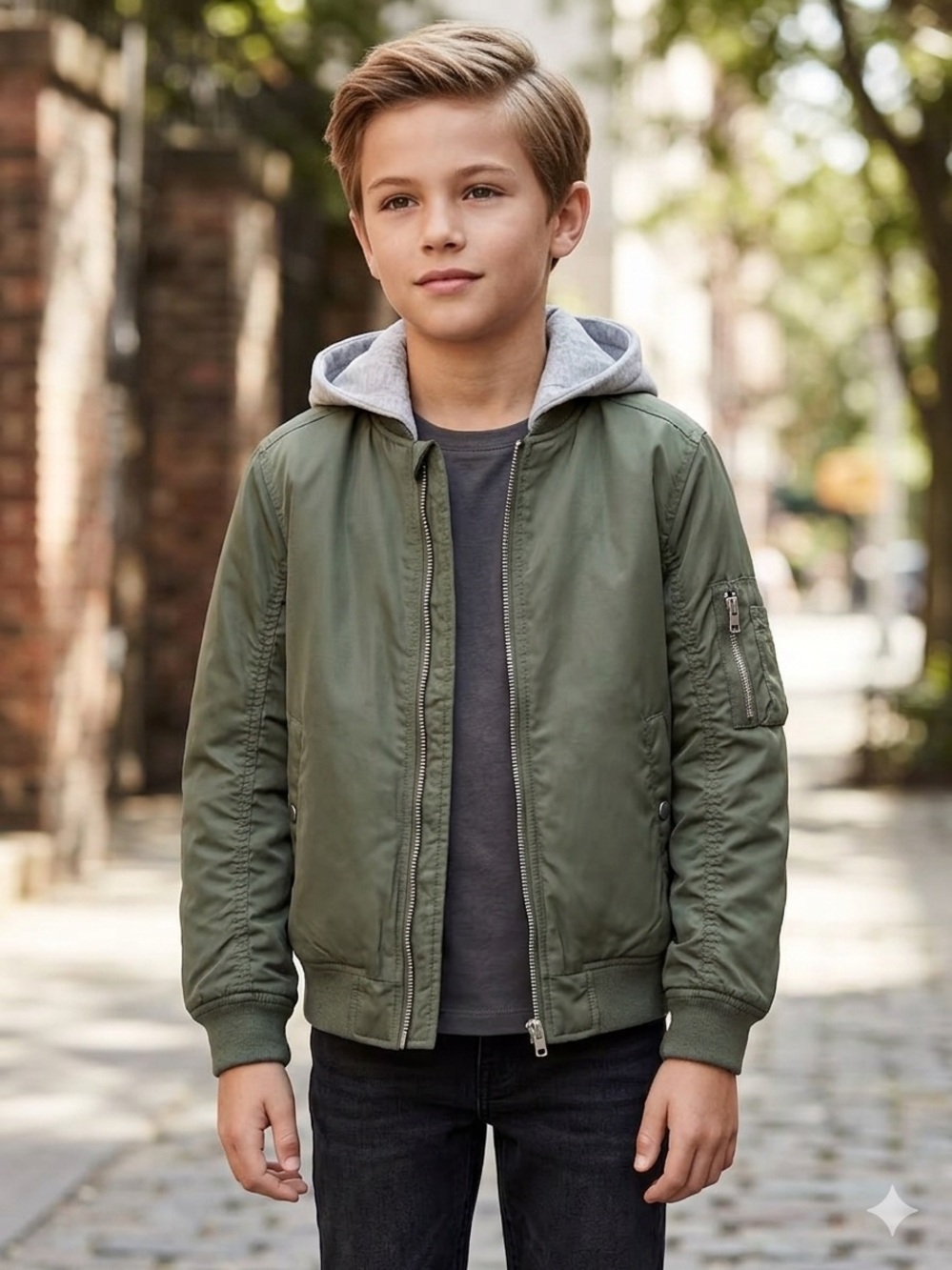 H&M Kids Padded Bomber Jacket with Detachable Hood - Olive Green Size 5T/6 EUC